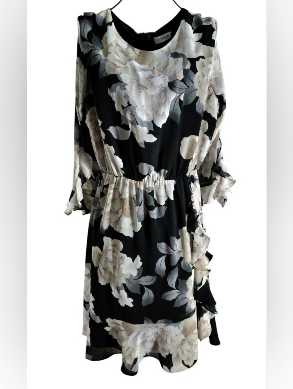 Calvin Klein Floral Ruffle Black & Cream Women's Dress Size Medium